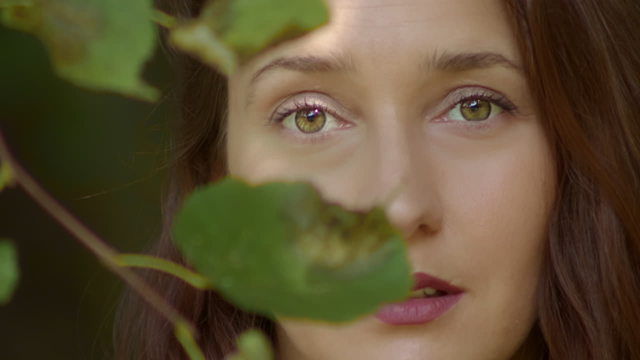 Gli occhi di una giovane donna guardano nell'obiettivo e parte del suo viso è coperta dalle foglie di un albero.