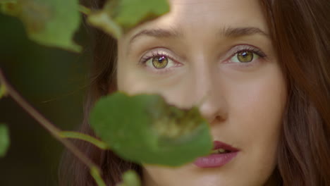 young woman's eyes look into the lens and part of her face is covered by the leaves of a tree