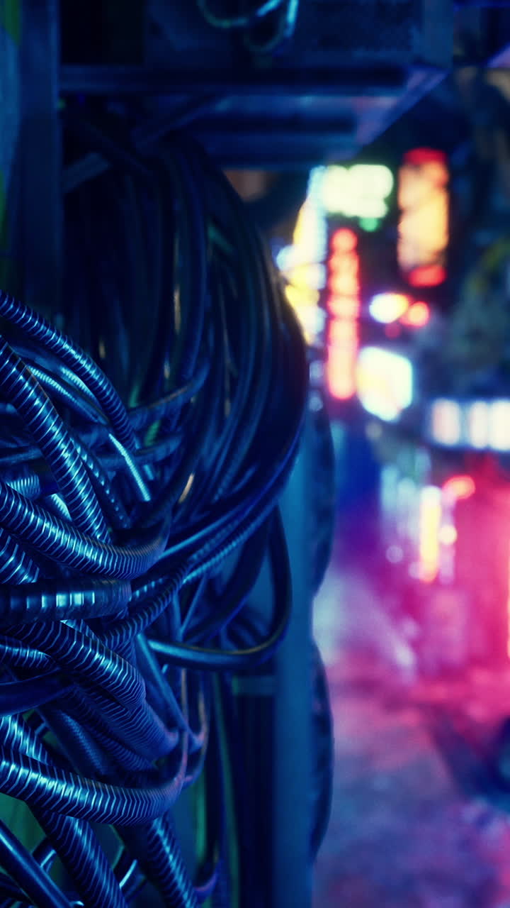 primer plano de cables con luces de la ciudad en el fondo