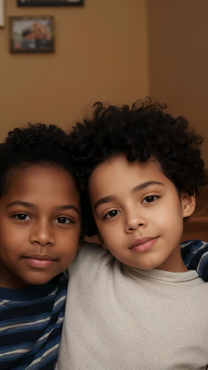 Vídeo vertical: posando para un retrato, dos niños apoyados en un sofá en casa con mangas largas, imagen