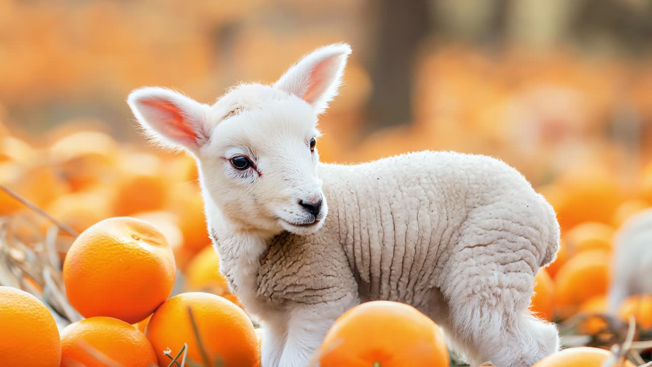 Young white lamb wandering through bright orange fruit filled field, creating picturesque pastoral landscape with vibrant agricultural scenery