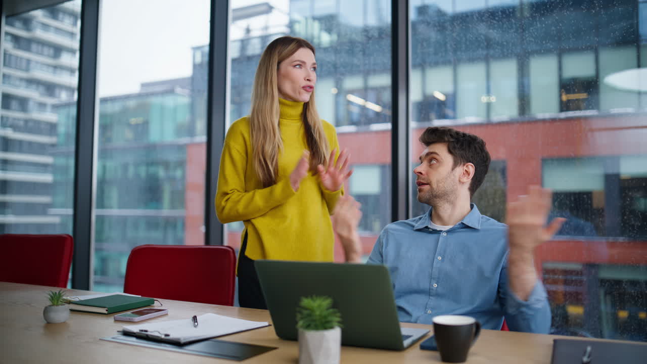 Colleagues presenting project videocall. Two professional managers discussing