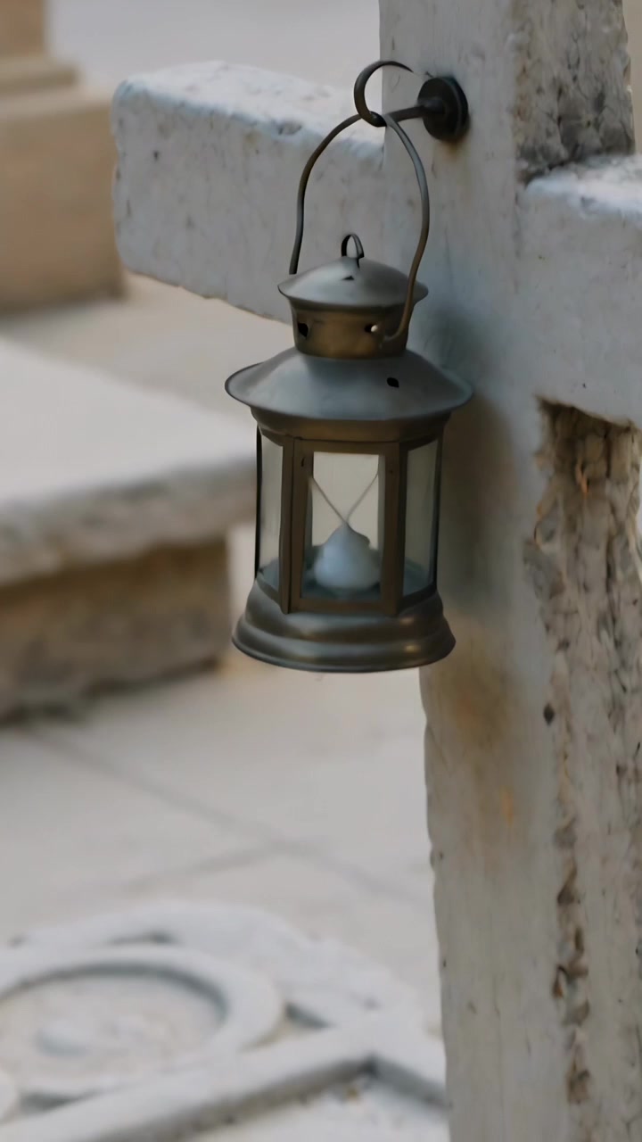 Video verticale: Telecamera che panoramica inquadrando una piccola lanterna di metallo in un cortile di pietra, mostrando una candela spenta.