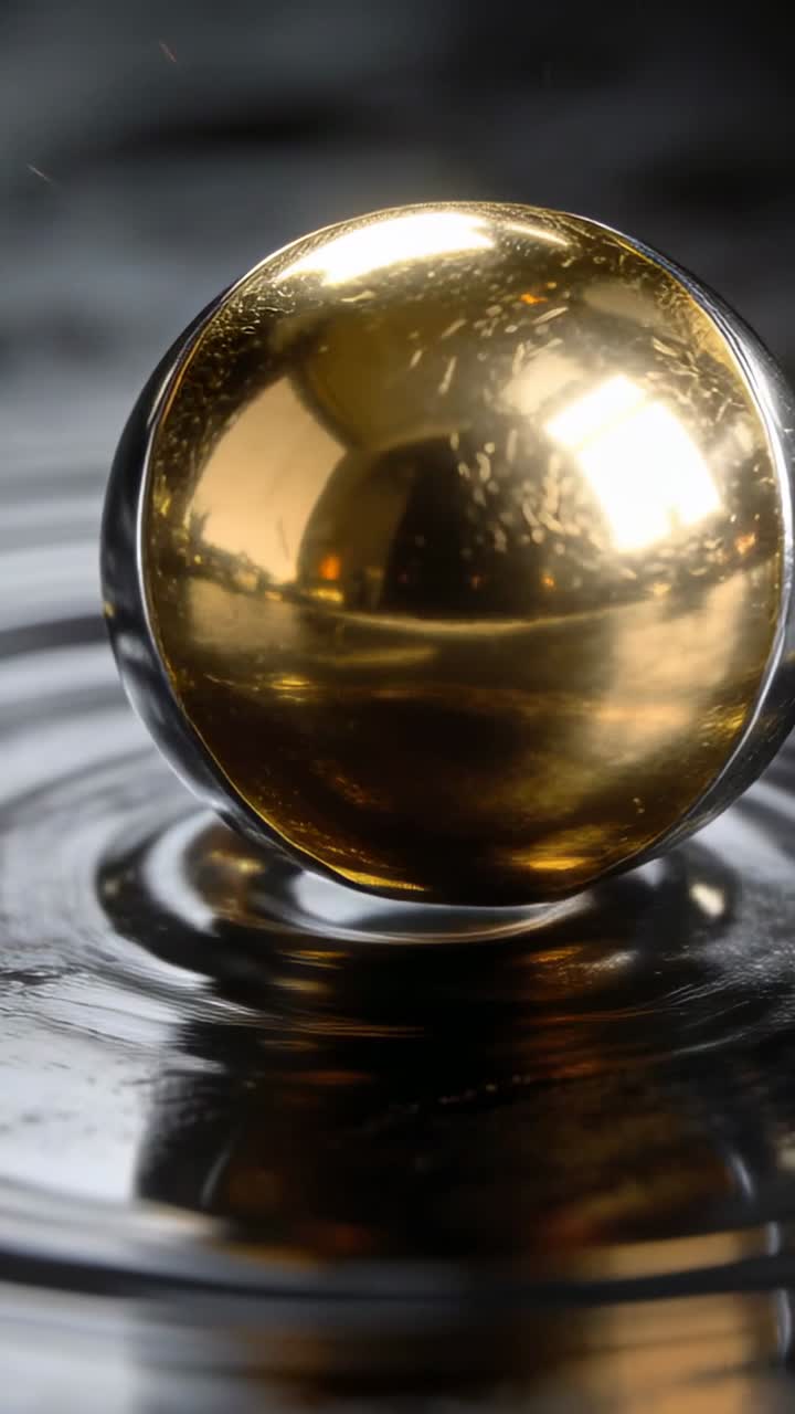 Sfera metallica bicolore su una superficie liquida increspata con particelle che cadono