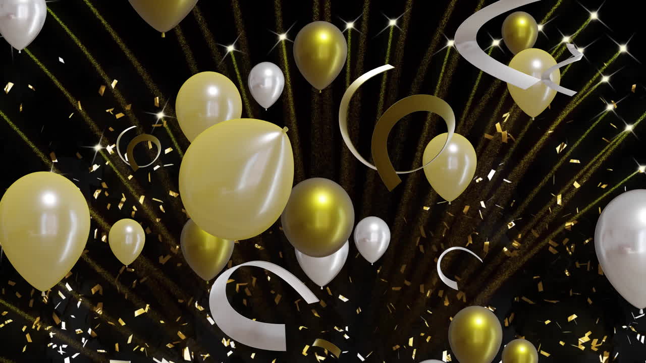 animazione di palloncini d'oro e d'argento con fuochi d'artificio su sfondo nero