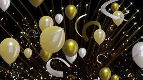 animación de globos de oro y plata con fuegos artificiales sobre fondo negro