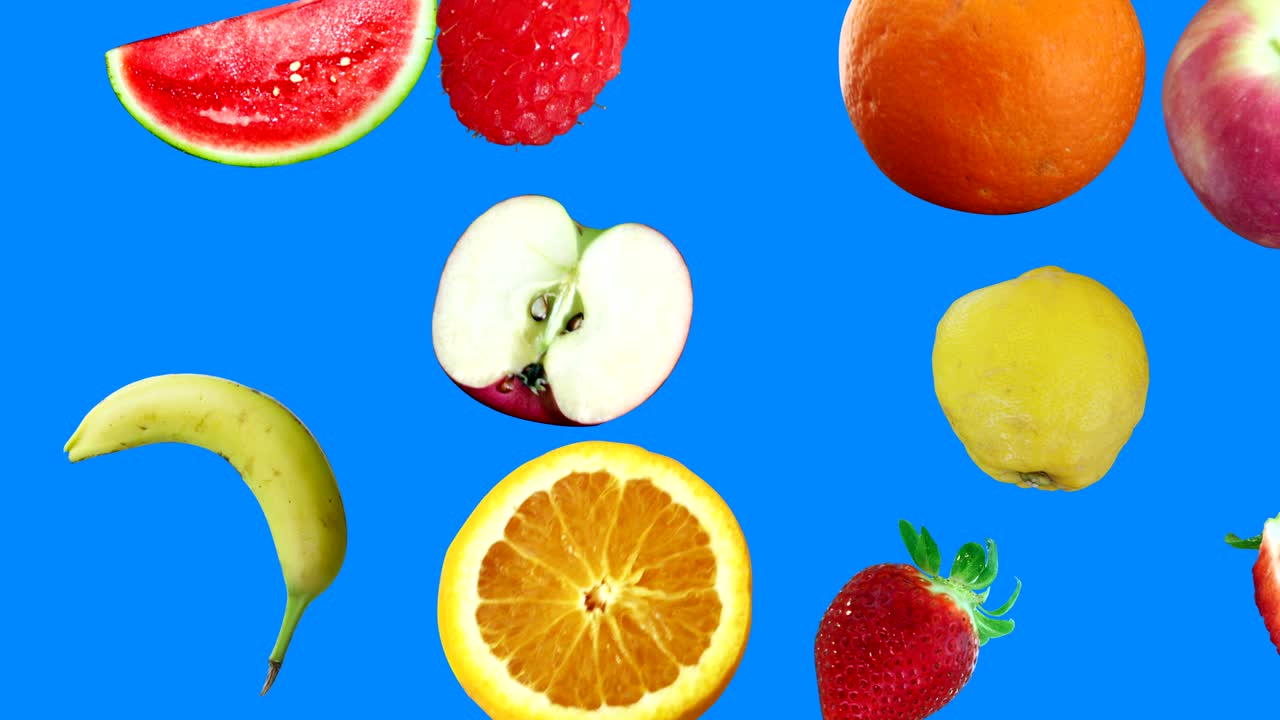Realistic fruits animation on blue screen editable chroma key background, seamless loop