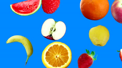 realistic fruits animation on blue screen editable chroma key background, seamless loop