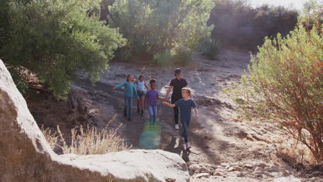 líder de equipo adulto con un grupo de niños en un campamento de actividades al aire libre caminando por el campo