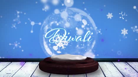 animation of diwali text in snow globe with shooting star and snow falling