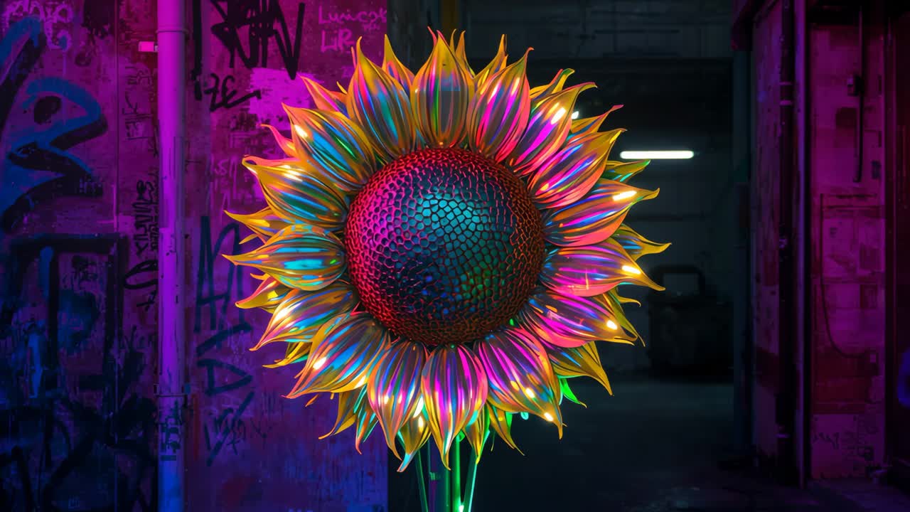 Neon Sunflower Art in an Urban Setting