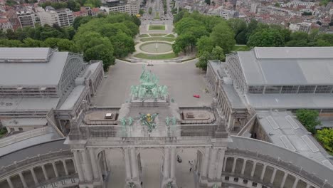 aerial view of parc du cinquantenaire, landmark of brussels, belgium, arcade and 19th century city park