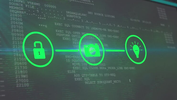 Animation of flowchart of icons and lens flares over computer language against black background