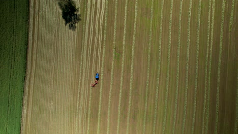 Top-down-aerial-view-of-agricultural-machinery-processing-a-farm-field