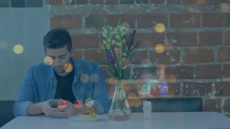 hombre usando teléfono inteligente y paisaje urbano