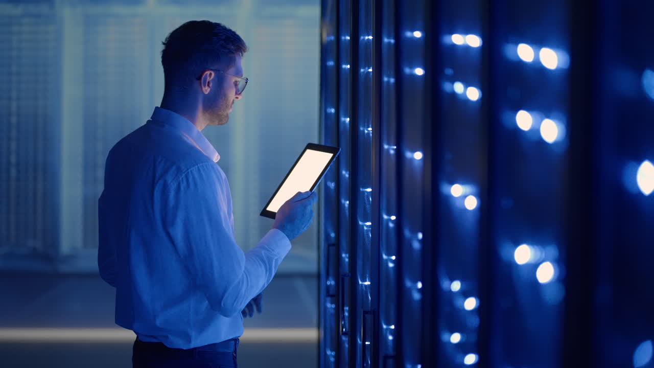 ingeniero de red masculino haciendo una comprobación de sistema de pie en la sala de servidores con su computadora portátil. en el centro de datos hombres especialistas en servidores inspeccionando el sistema de trabajo y el hardware de los gabinetes de computadoras de servidor de rack