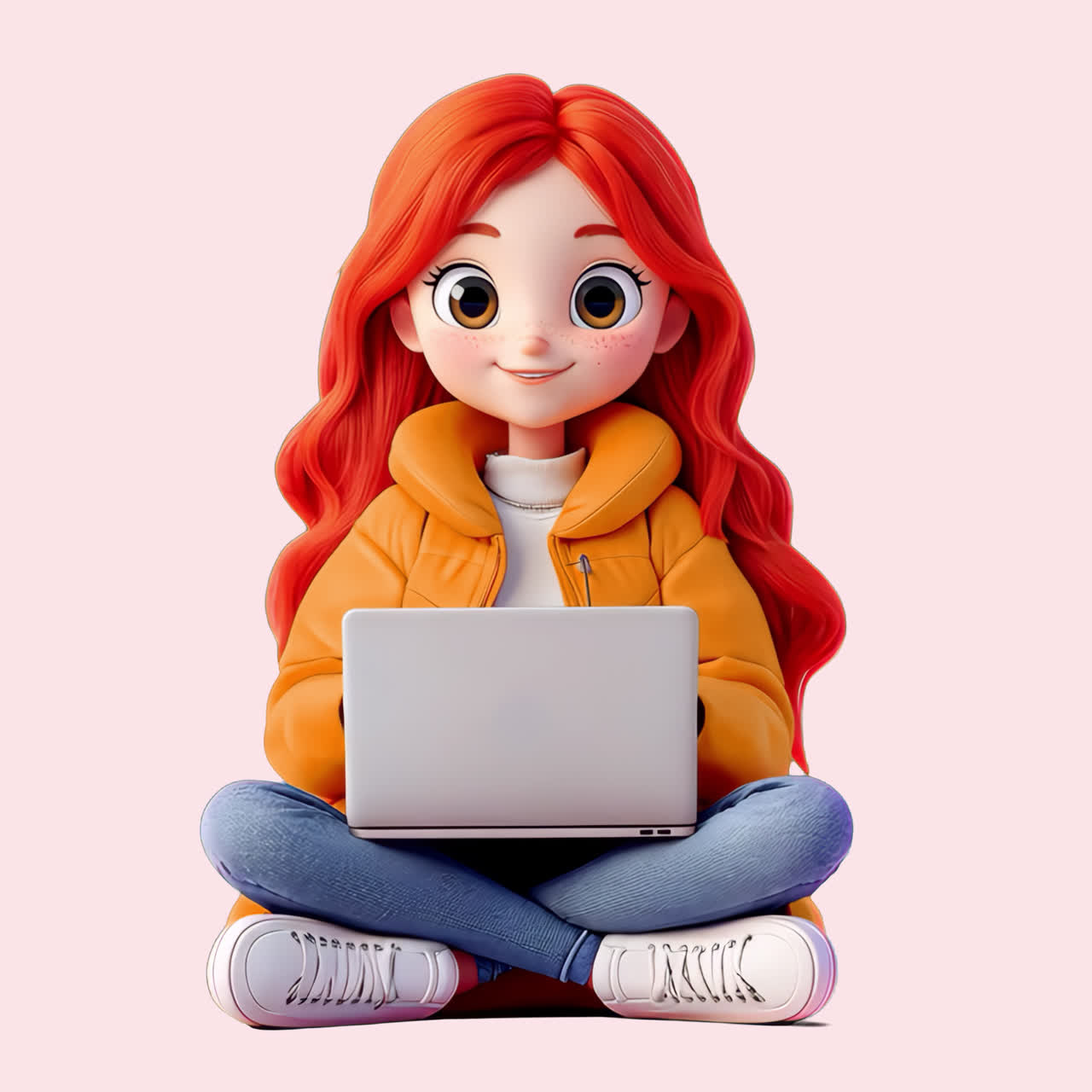 Cartoon girl using laptop animation isolated asset, transparent 4K video, alpha channel, ProRes 4444