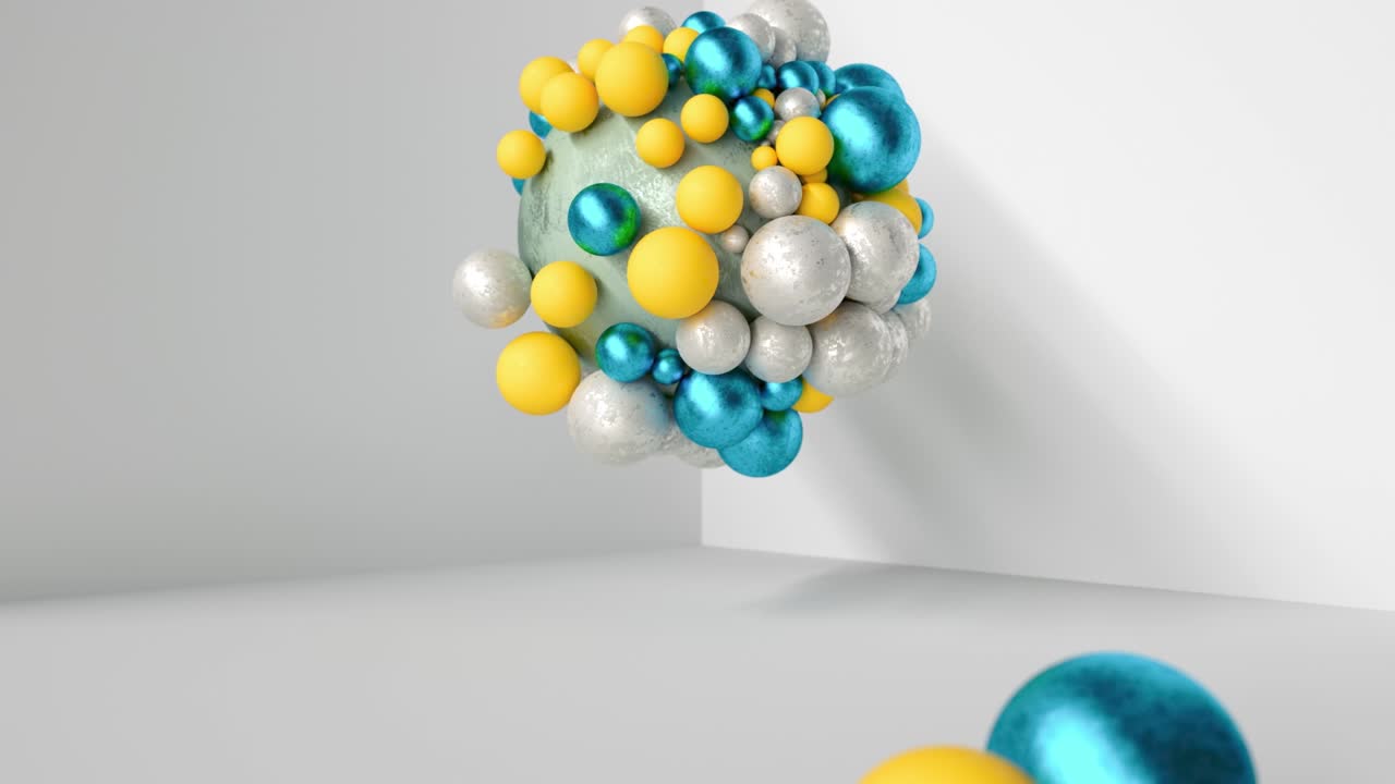 A central sphere pulls in nearby floor spheres with magnetic force before all drop suddenly in a seamless loop. A clean, minimal animation with a dynamic and satisfying movement.