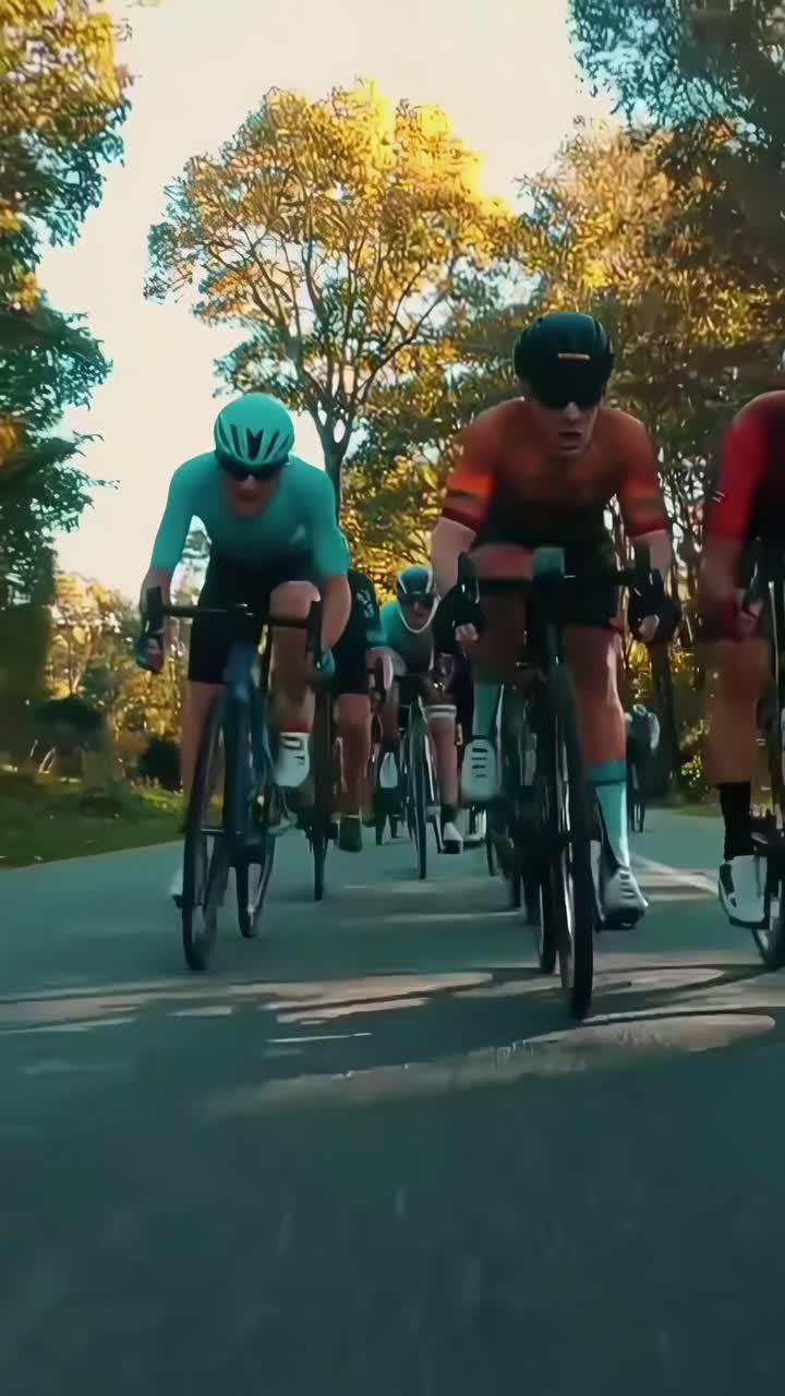 Video dinámico en ángulo bajo de ciclistas compitiendo en una carretera forestal, capturando velocidad y movimiento.
