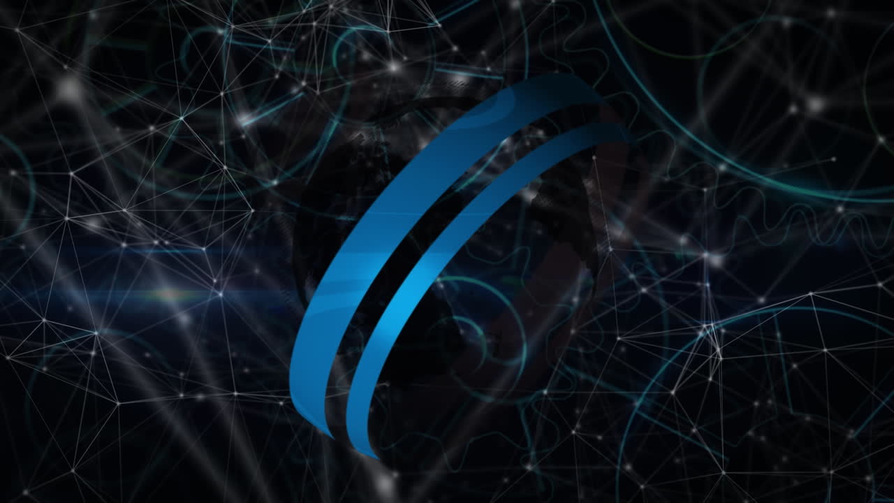 Animation of abstract pattern around globe over connected dots against mechanical gears