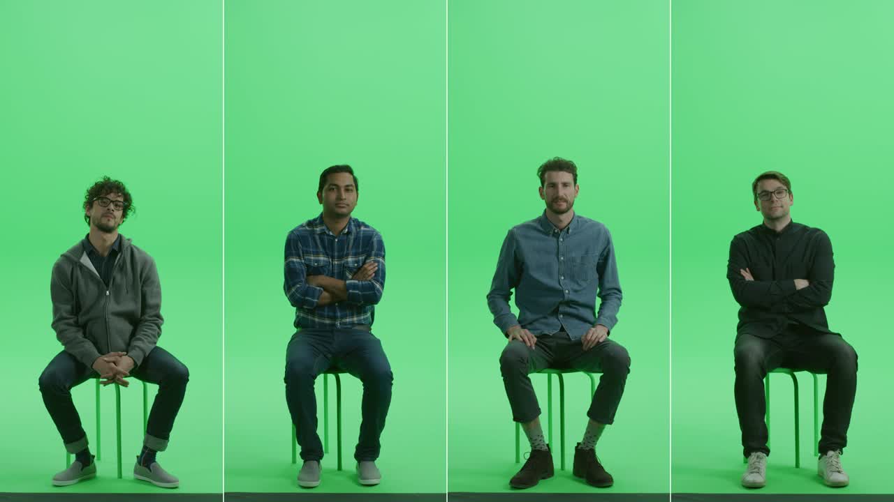4 인 1 녹색 스크린 콜라지: 다양한 배경, 민족, 다른 나이의 사랑스러운 남성의 네 개의 초상화가 크로마 키 의자에 앉아 있습니다.