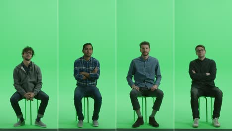 collaje de pantalla verde 4-en-1: cuatro retratos de hombres guapos de diversos orígenes, etnias, diferentes edades sentados en la silla de la llave de croma. pantalla dividida de vista frontal. múltiples clips mejor paquete de valor