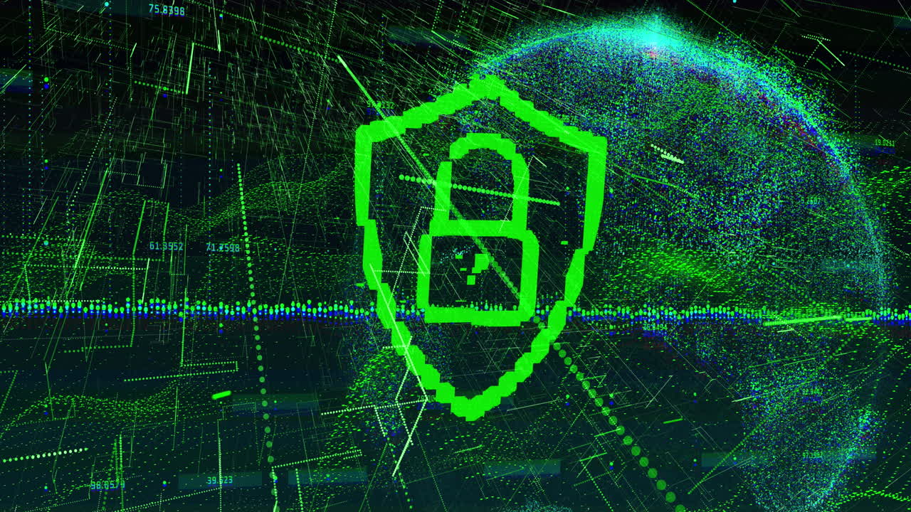 animación de un escudo digital con candado sobre el globo sobre fondo negro