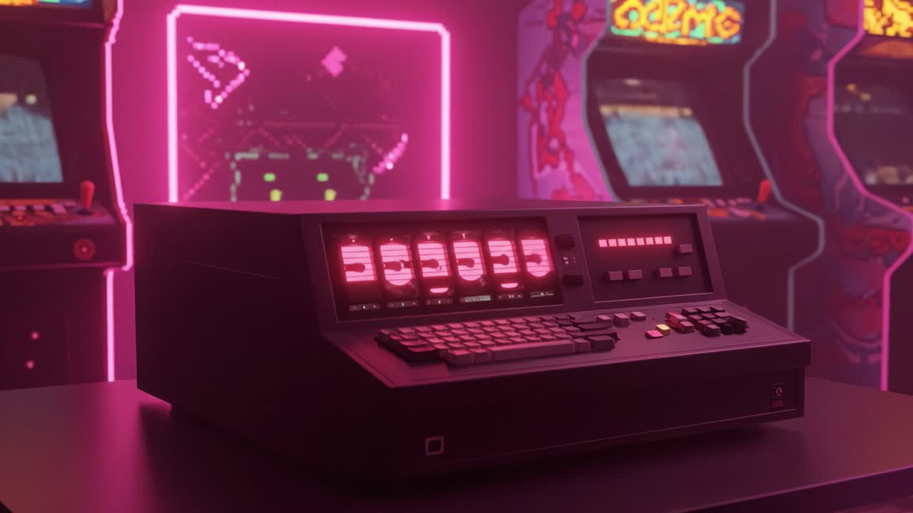 A Retro Arcade Reveal: Examining the Detailed Console of a Vintage Gaming Machine Surrounded by Neon Lights and Iconic Arcade Cabinets