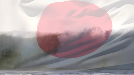 Composición-Digital-De-Ondear-La-Bandera-Japonesa-Contra-Las-Olas-En-El-Mar