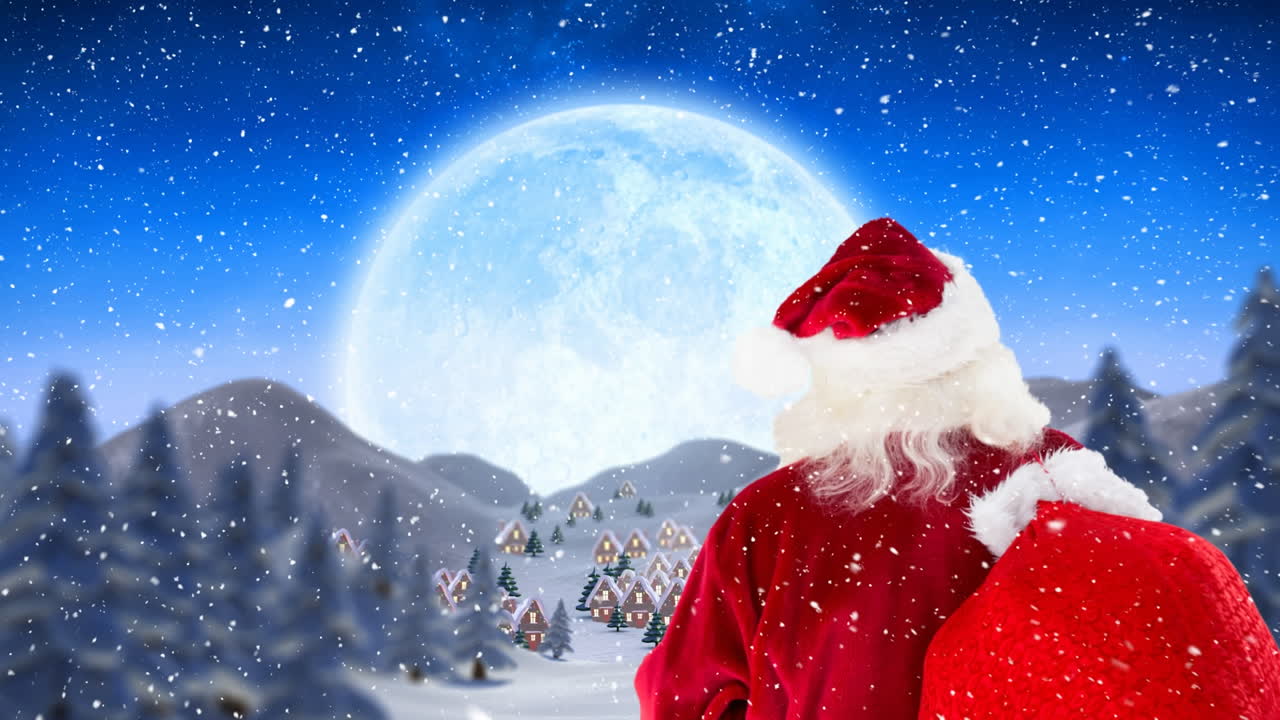 산타클로스의 뒷면과 겨울 풍경의 여러 집과 나무에 눈이 내리고 있습니다.