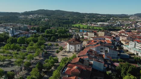 Aerial-view-of-Igreja-do-Senhor-Bom-Jesus-da-Cruz-and-the-surrounding-landscape-in-Barcelos,-Portugal