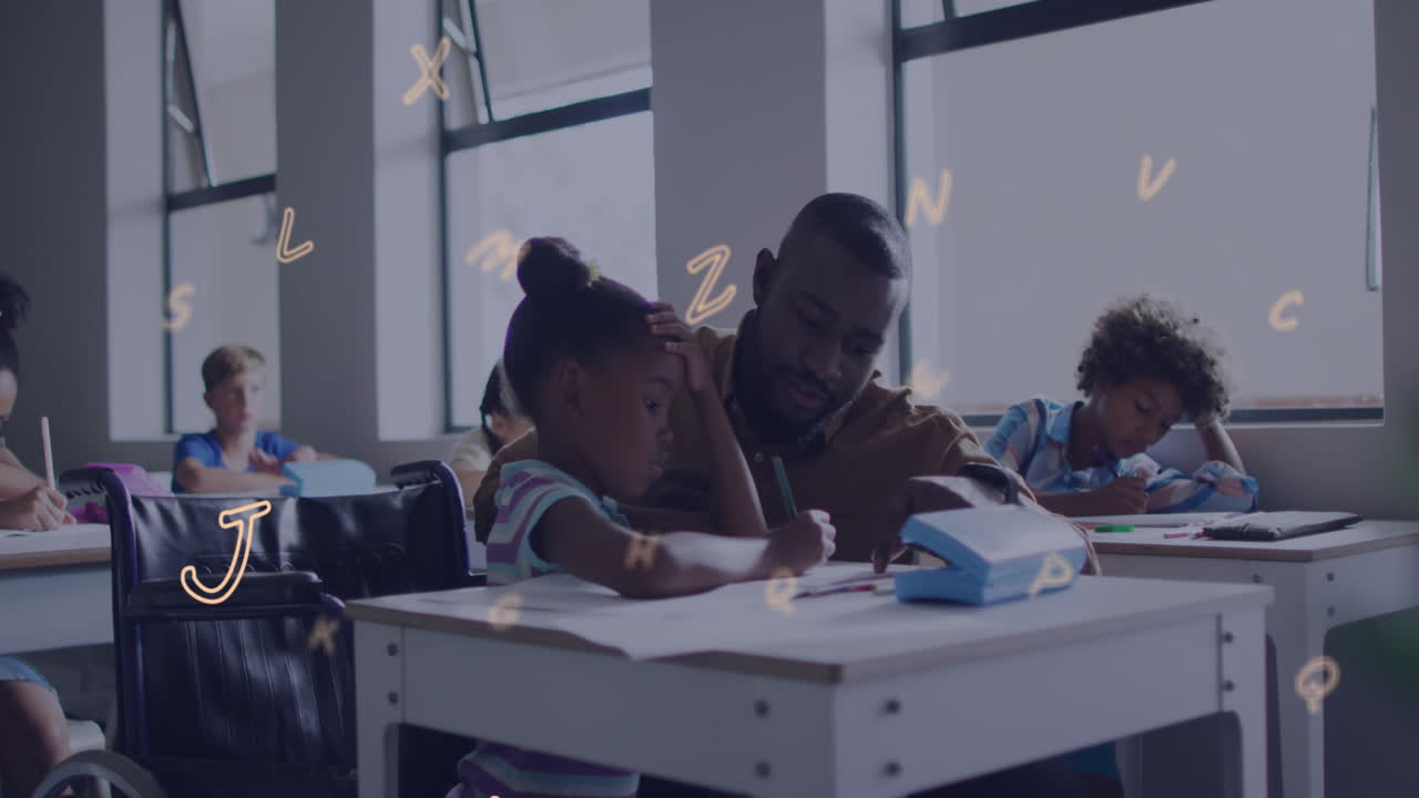 Animation of letters over african american male teacher and schoolgirl talking at desk in class