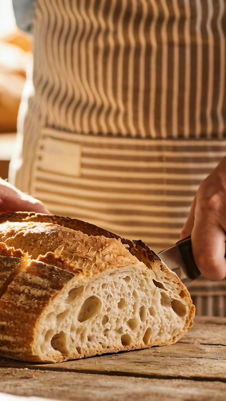 Vertical video: Slicing cook wearing apron sawing loaf with knife at bakery counter showing crumb