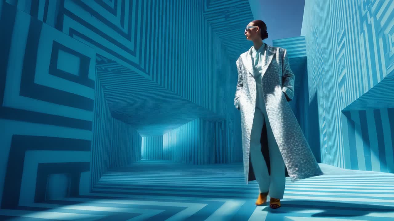 A stylish model walks confidently through a mesmerizing blue geometric landscape, showcasing modern fashion amidst intricate patterns and vibrant hues that captivate the eye