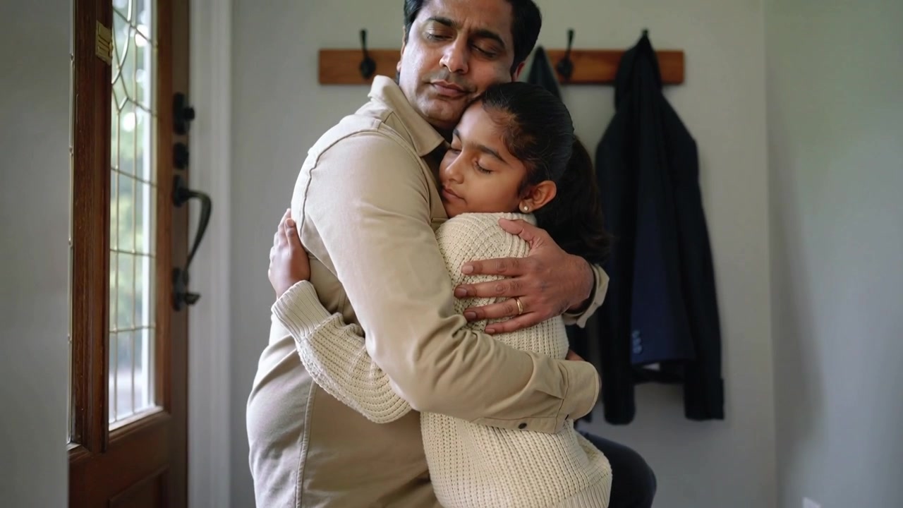 Padre in camicia beige e figlia in maglione color crema che si abbracciano, inginocchiati davanti alla porta d'ingresso dopo essere entrati