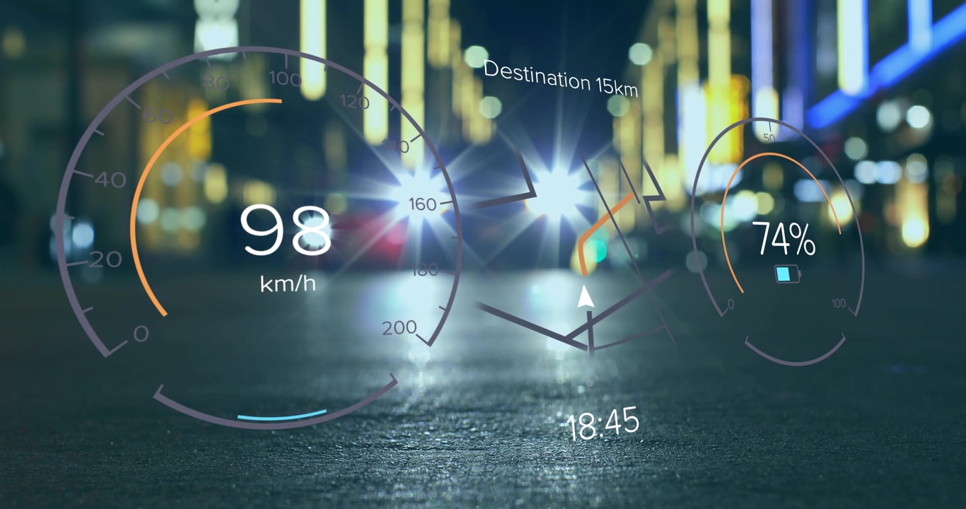 Animation of speedometers, changing numbers and navigation pattern over blurred vehicle on street