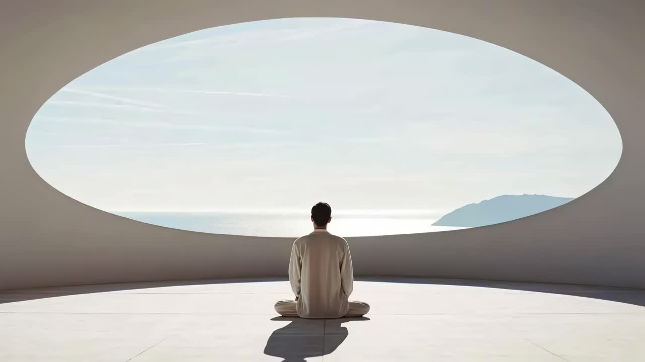 A serene video scene shows a person meditating in a modern, oval-windowed room overlooking the sea