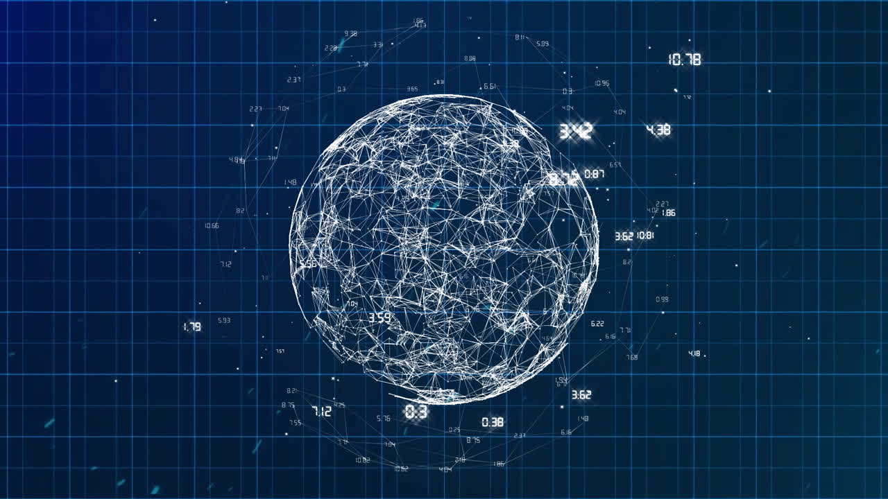 animación de globo con red de conexiones sobre cuadrícula en fondo oscuro