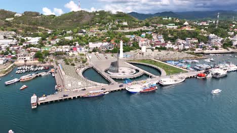 aerial view of a coastal town harbor