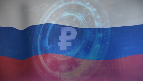 animation of scope scanning and rouble symbol over flag of russia