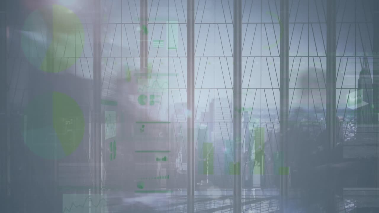 현대 사무실에서 걸어다니는 다양한 사업가들에 대한 금융 데이터 처리 애니메이션