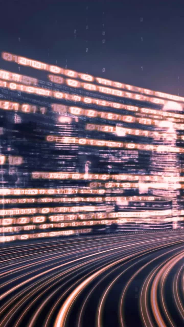 Flusso di dati digitali futuristico con codice binario e sfondo urbano