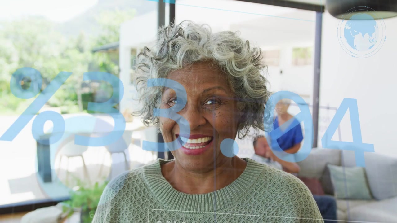 Graphics appearing overlaying face, foreground woman smiling, leaning in, laughing at analytics