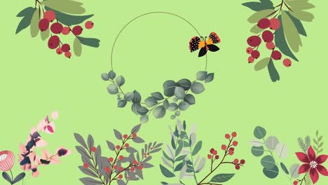 Animation-of-foliage,-flowers-and-red-berries-with-central-ring-and-butterfly-on-green-background