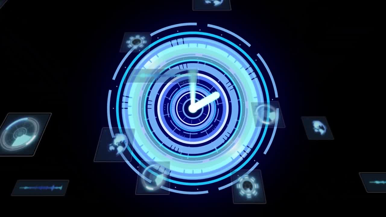 animación del reloj, escaneo de ámbitos y procesamiento de datos en pantallas con fondo oscuro