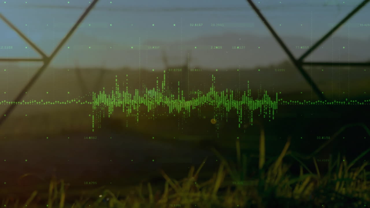 Animating green soundwave over grassy landscape with geometric structures in nature