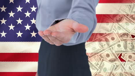 animación de un hombre caucásico extendiendo la mano sobre la bandera estadounidense y billetes de banco
