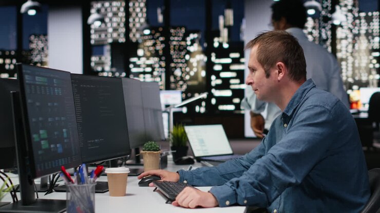 Mandlig Programmør Taster Kode på Flere Computerskærme på Kontoret