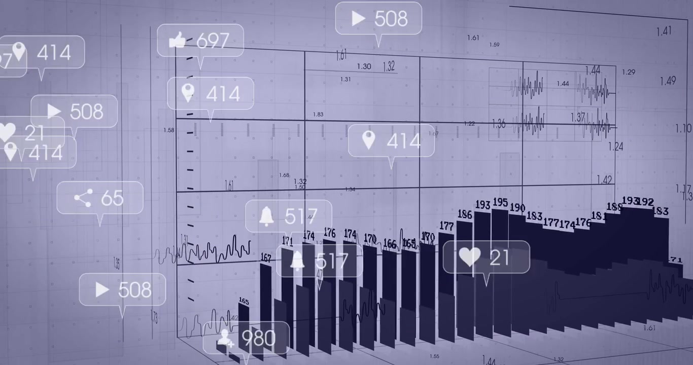 Blueprint 3D bar chart growing and clustering with social bubbles on panel reveal, showing growth