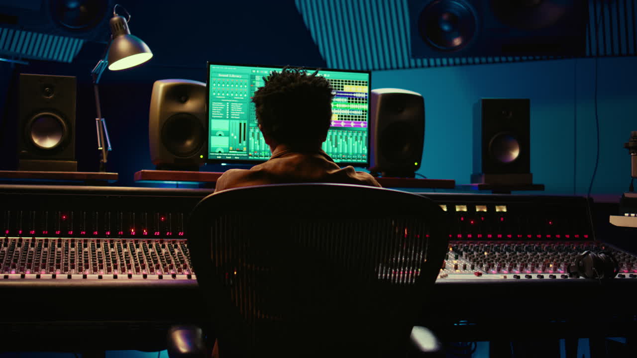 African american sound designer mixing and mastering tracks in studio